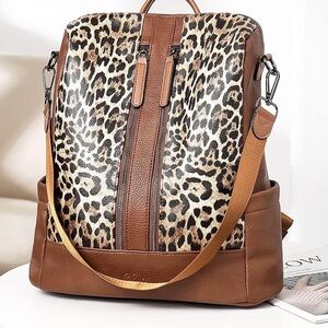 Cluci Women’s Leopard Print Brown Leather Backpack Purse.